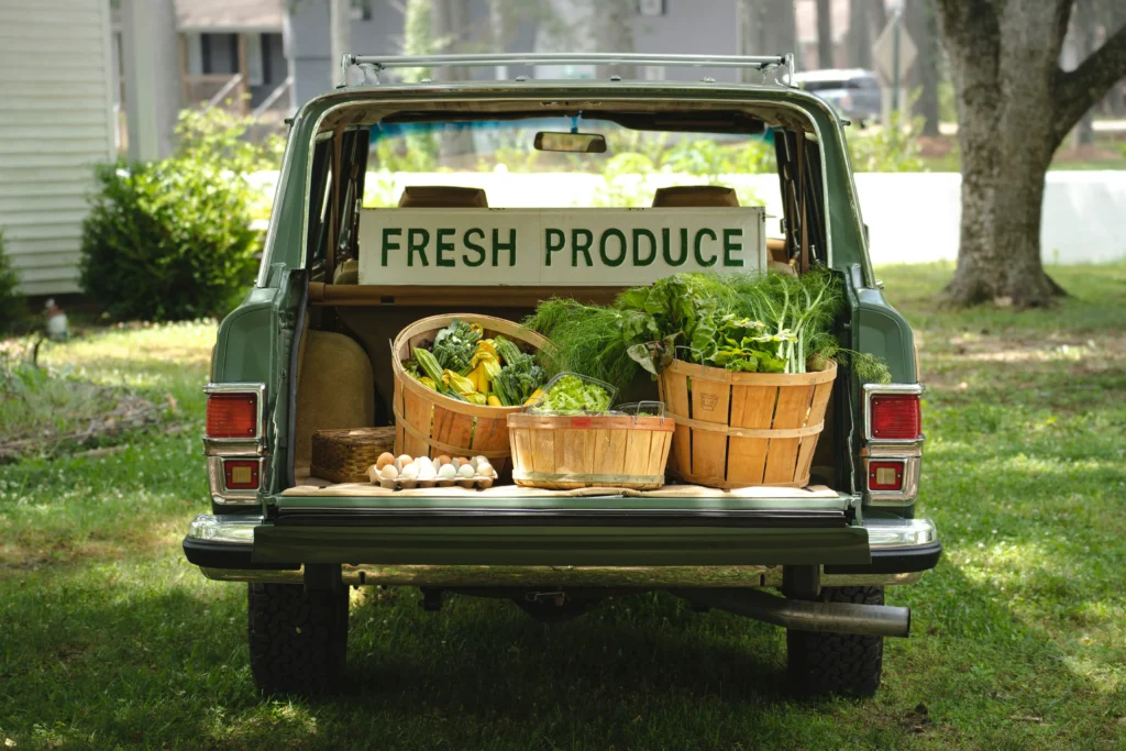 Coffre rempli de paniers de légumes frais