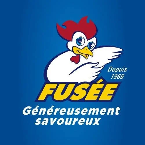 Logo Fusée avec poulet cartoon sur fond bleu