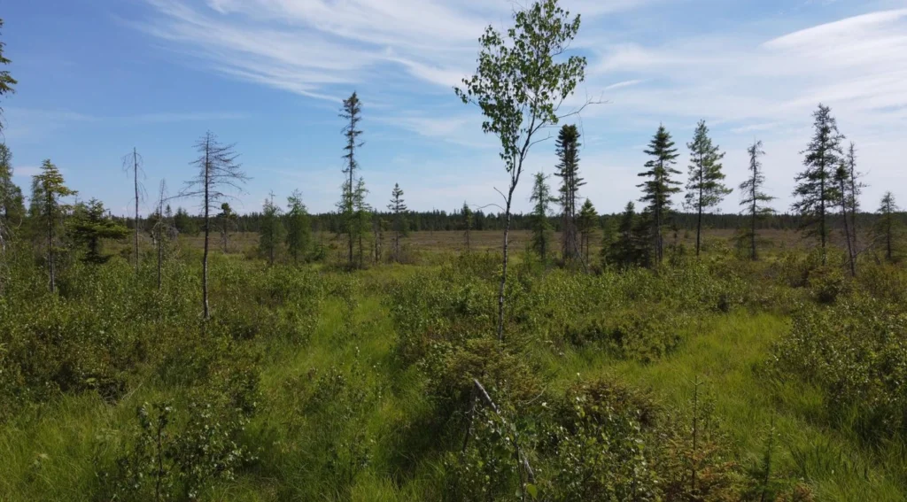 Paysage de marais avec arbres clairsemés