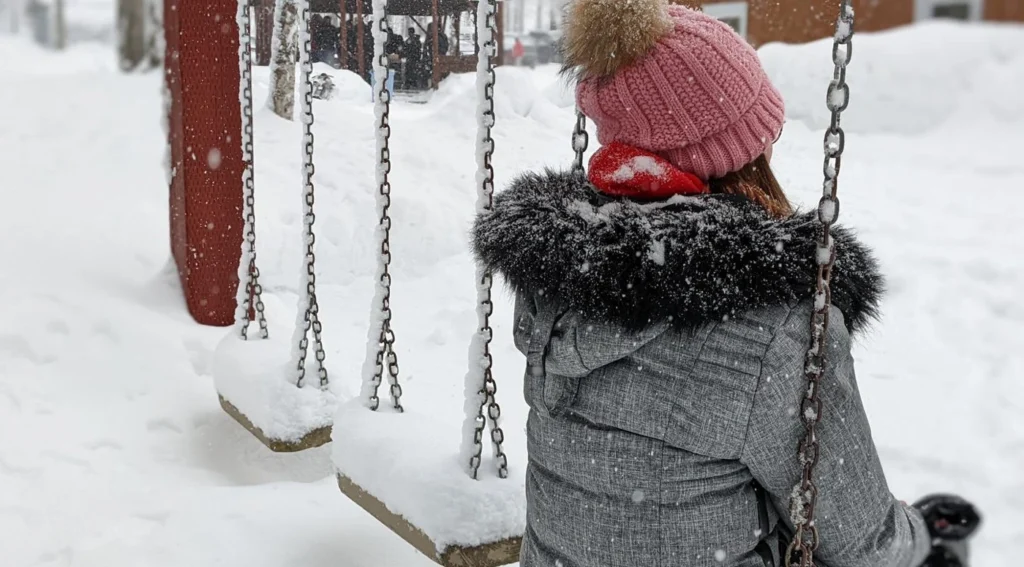 Enfant sur balançoire sous la neige