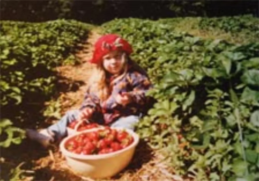 Enfant assis dans un champ de fraises